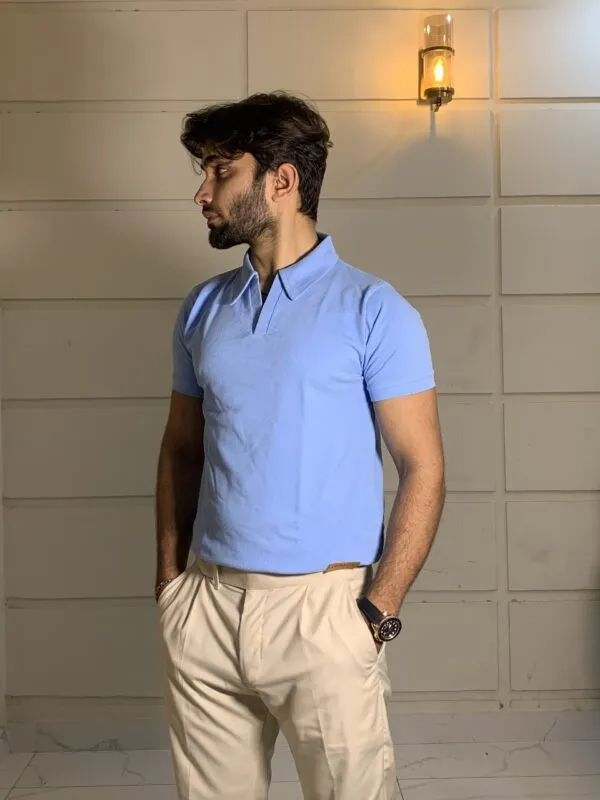 gentzo PIQUE V Neck Polo-SKY BLUE, gentzo, PIQUE V Neck Polo-SKY BLUE, sky blue polo for men, PIQUE fabric polo shirt, V-neck polo shirt for men, premium sky blue polo, breathable V-neck polo, men’s PIQUE polo, modern V-neck polo, comfortable polo shirt for men.