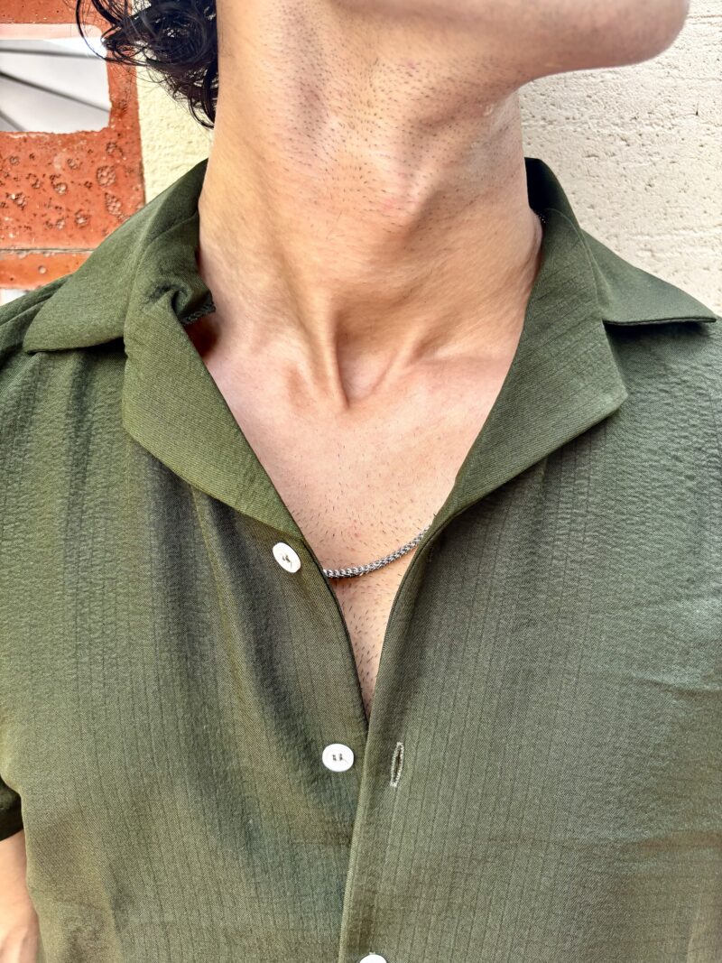Forest Green Textured Resort Collar Shirt - Image 2