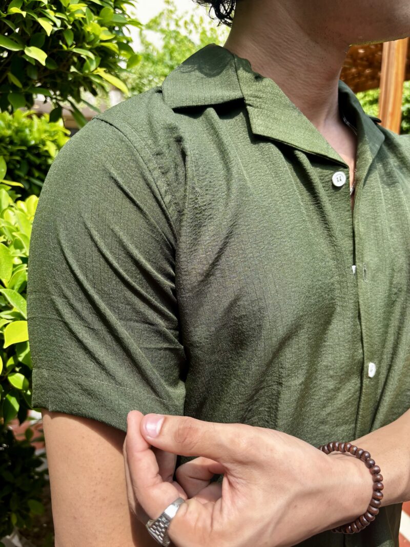 Forest Green Textured Resort Collar Shirt - Image 3