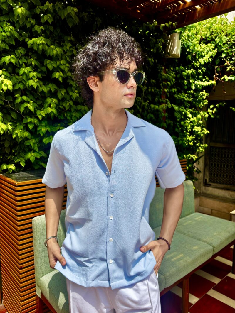 Sky Blue Textured Resort Collar Shirt - Image 2