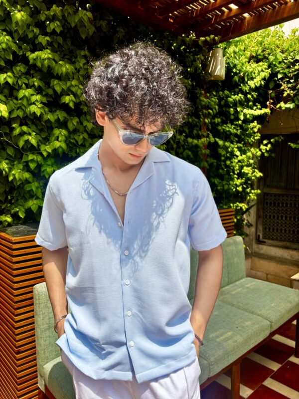 Sky Blue Textured Resort Collar Shirt