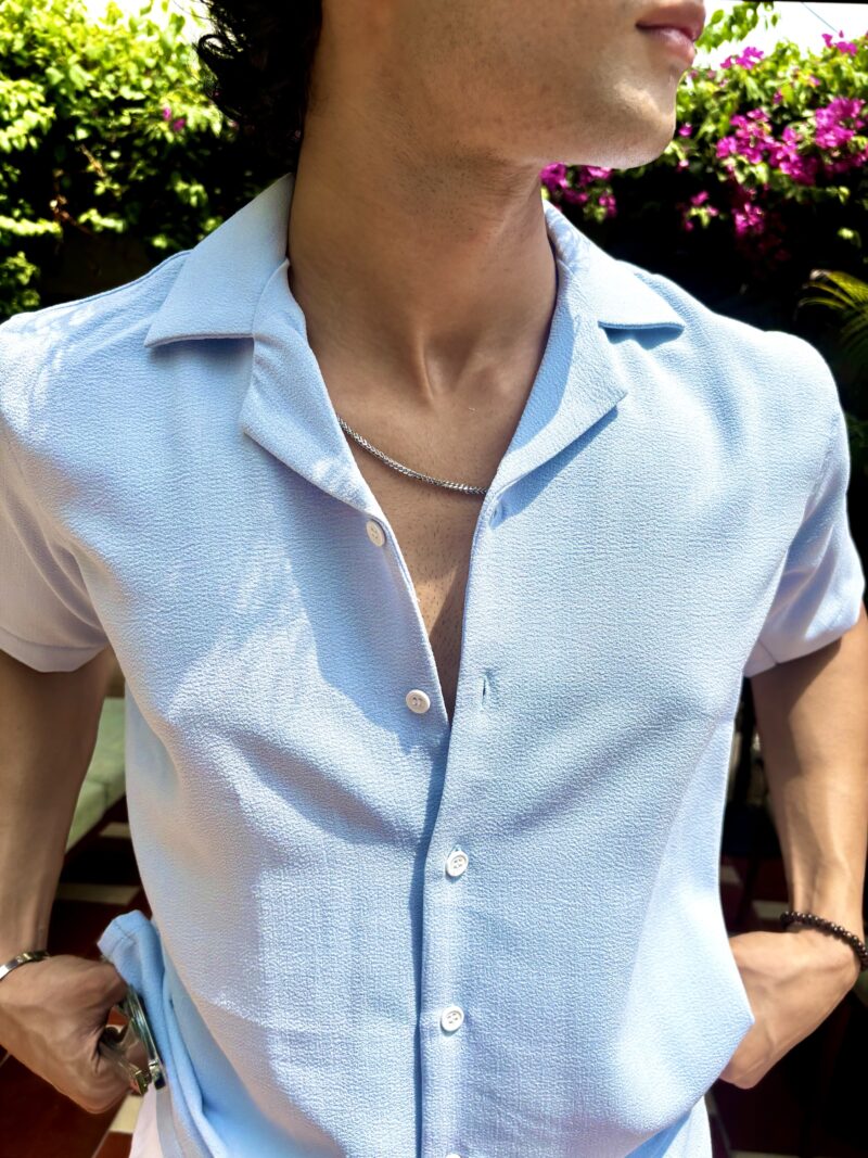 Sky Blue Textured Resort Collar Shirt - Image 4
