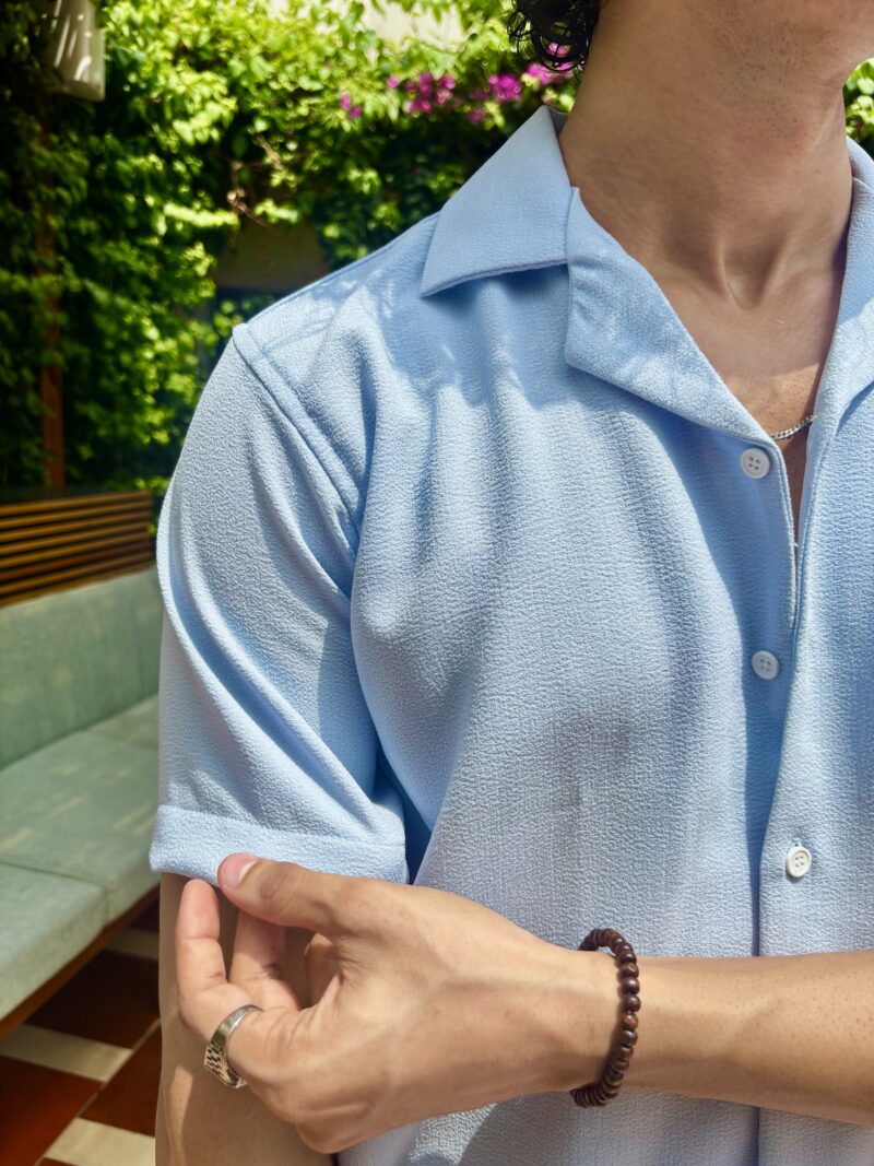 Sky Blue Textured Resort Collar Shirt - Image 3