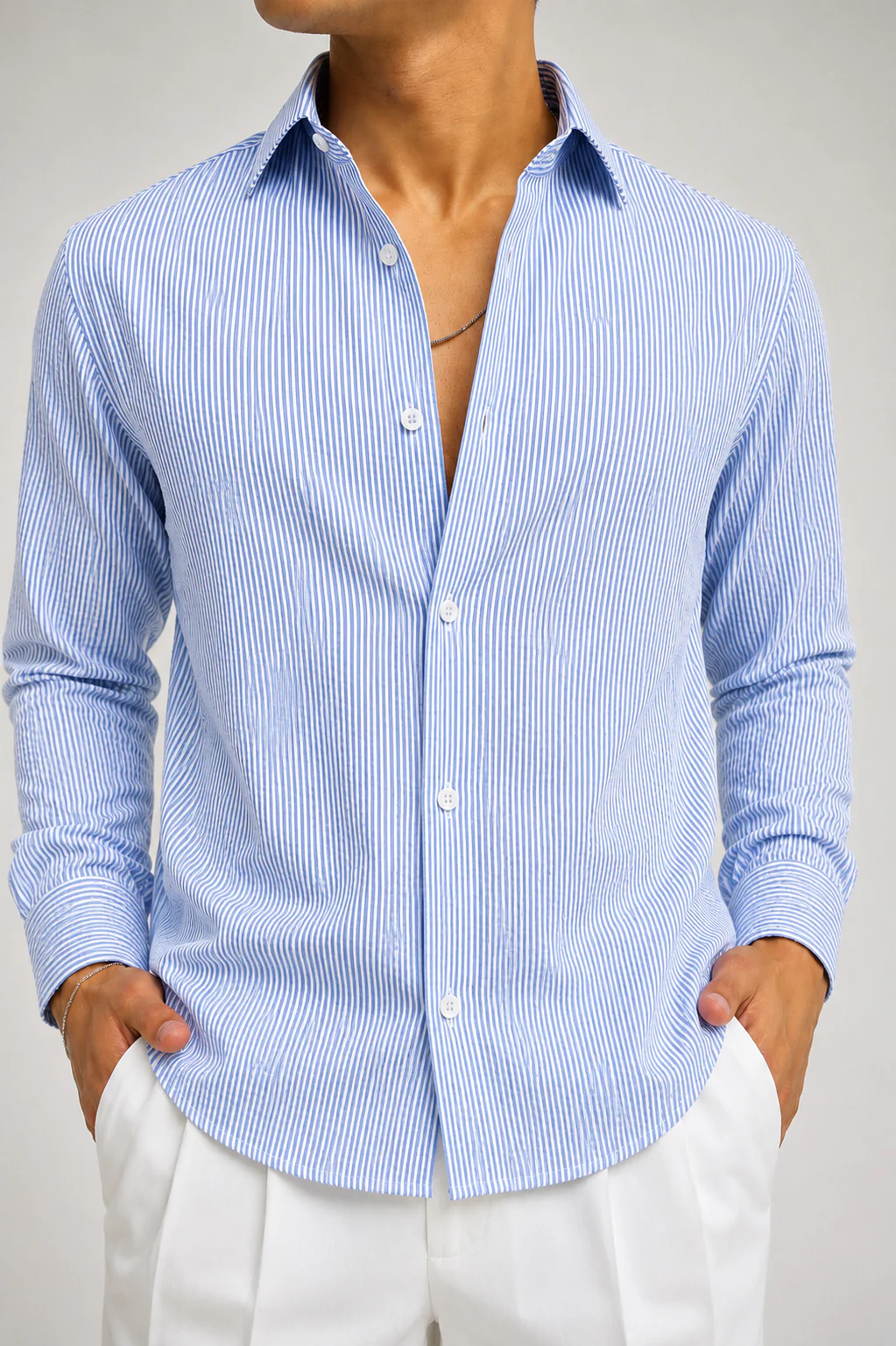 SEERSUCKER BLUE AND WHITE STRIPPED SHIRT - Image 2